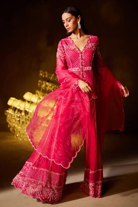 Divya Aggarwal_Fuchsia Lightweight Organza Embellished Pearls V Neck Teigen Jacket Sharara Set _at_Aza_Fashions