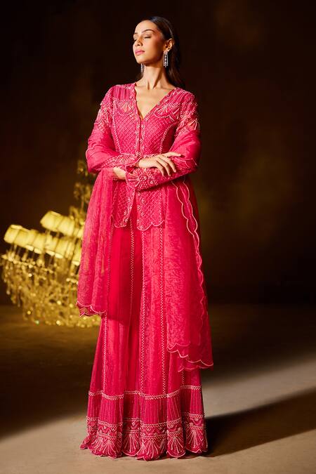 Buy_Divya Aggarwal_Fuchsia Lightweight Organza Embellished Pearls V Neck Teigen Jacket Sharara Set 