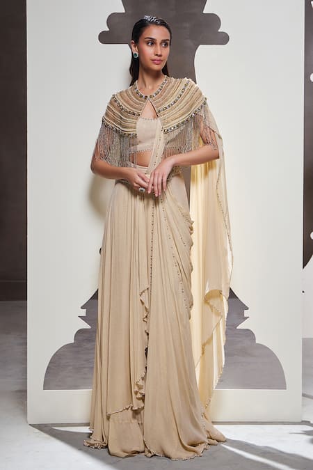 Divya Aggarwal Tatiana Pre-Draped Saree Set With Embellished Cape 