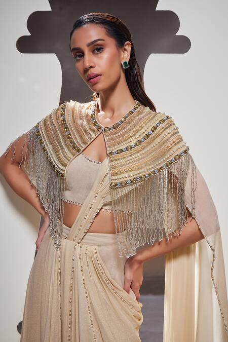 Shop_Divya Aggarwal_Beige Foil Georgette Embellished Pearls Cape Tatiana Pre-draped Saree Set With _Online_at_Aza_Fashions