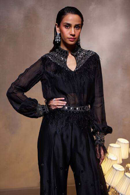 Divya Aggarwal_Black Chanderi Silk Embellished Feather Stand Collar Amore Shirt Pant Set _at_Aza_Fashions