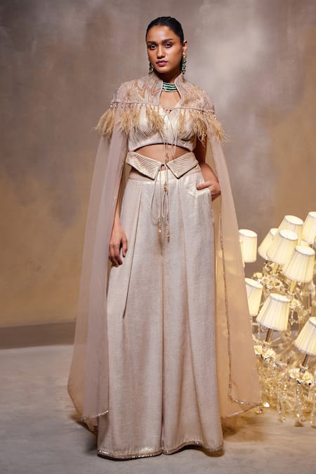 Divya Aggarwal Rayna Feather Embellished Cape With Flared Pant 