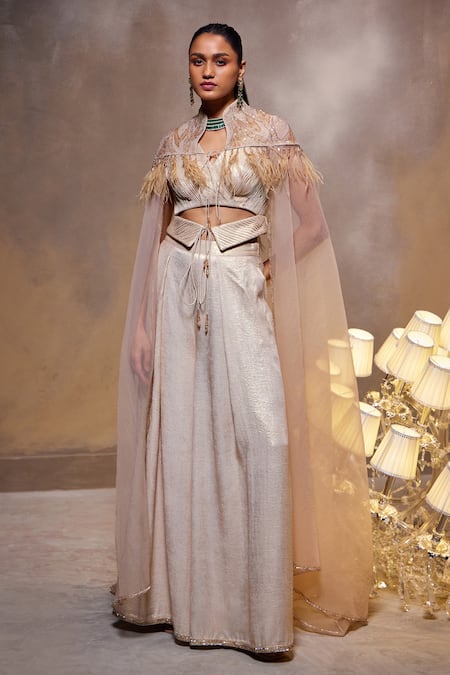 Divya Aggarwal_Beige Georgette Feathers V-neck Rayna Embellished Cape With Flared Pant _Online_at_Aza_Fashions