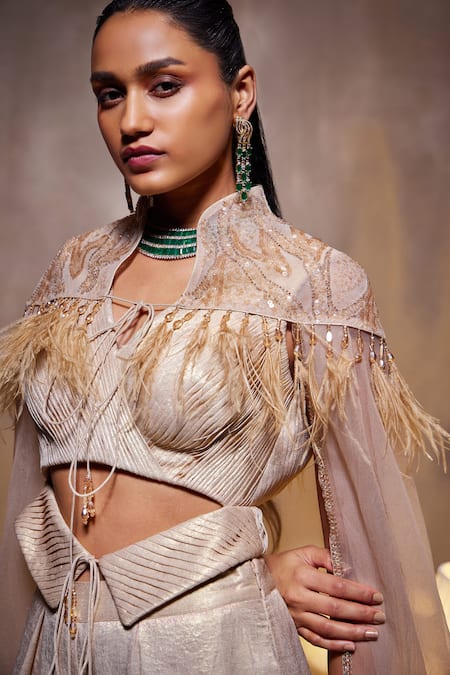 Buy_Divya Aggarwal_Beige Georgette Feathers V-neck Rayna Embellished Cape With Flared Pant _Online_at_Aza_Fashions
