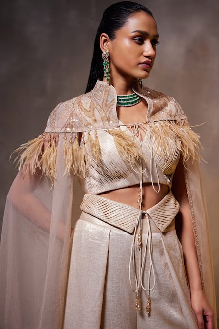 Shop_Divya Aggarwal_Beige Georgette Feathers V-neck Rayna Embellished Cape With Flared Pant _Online_at_Aza_Fashions