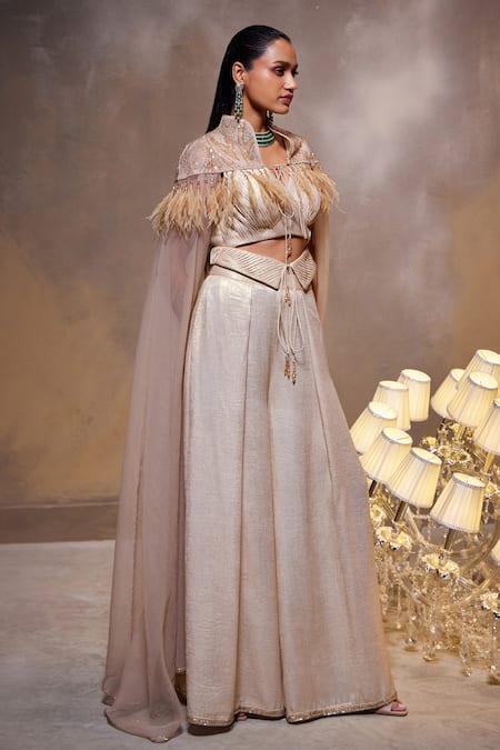 Divya Aggarwal_Beige Georgette Feathers V-neck Rayna Embellished Cape With Flared Pant _at_Aza_Fashions