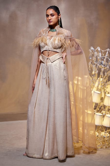 Buy_Divya Aggarwal_Beige Georgette Feathers V-neck Rayna Embellished Cape With Flared Pant 