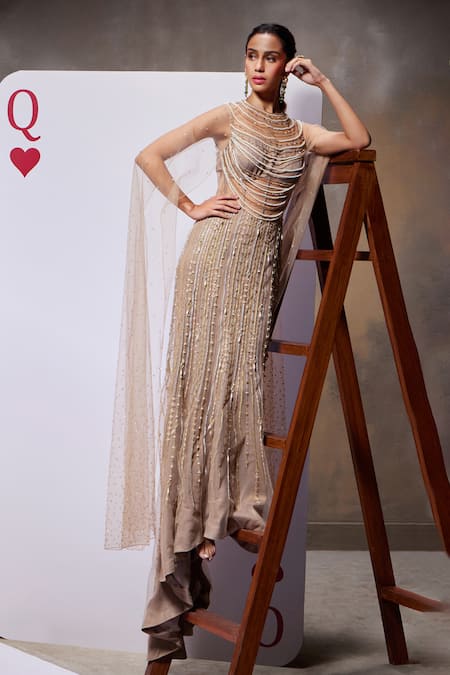 Divya Aggarwal Beige Royal Georgette Foil Embellished Pearl Jasmine Cape Sleeve Gown Online at Aza Fashions Divya Aggarwal_Beige Royal Georgette Foil Embellished Pearl Jasmine Cape Sleeve Gown _Online_at_Aza_Fashions