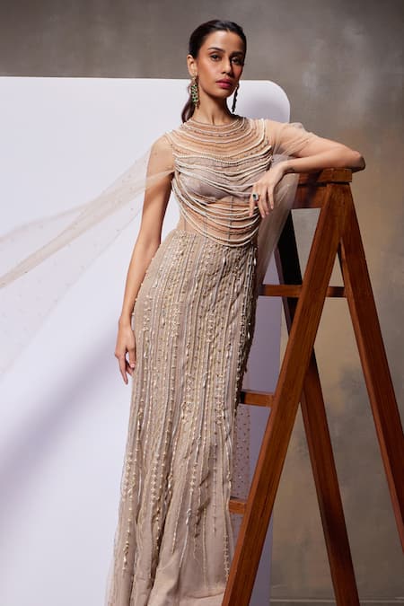 Buy Divya Aggarwal Beige Royal Georgette Foil Embellished Pearl Jasmine Cape Sleeve Gown Online at Aza Fashions Buy_Divya Aggarwal_Beige Royal Georgette Foil Embellished Pearl Jasmine Cape Sleeve Gown _Online_at_Aza_Fashions