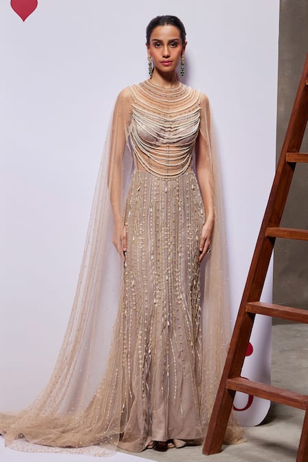 Shop Divya Aggarwal Beige Royal Georgette Foil Embellished Pearl Jasmine Cape Sleeve Gown Online at Aza Fashions Shop_Divya Aggarwal_Beige Royal Georgette Foil Embellished Pearl Jasmine Cape Sleeve Gown _Online_at_Aza_Fashions