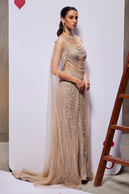 Divya Aggarwal Beige Royal Georgette Foil Embellished Pearl Jasmine Cape Sleeve Gown at Aza Fashions Divya Aggarwal_Beige Royal Georgette Foil Embellished Pearl Jasmine Cape Sleeve Gown _at_Aza_Fashions