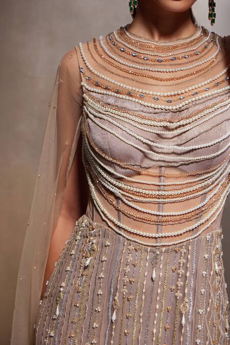 Buy Divya Aggarwal Beige Royal Georgette Foil Embellished Pearl Jasmine Cape Sleeve Gown Buy_Divya Aggarwal_Beige Royal Georgette Foil Embellished Pearl Jasmine Cape Sleeve Gown