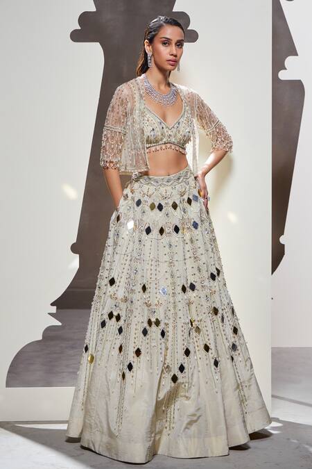 Divya Aggarwal_Ivory Tissue Mirrors, Beads Anora Embellished Lehenga Set With Jacket _Online_at_Aza_Fashions