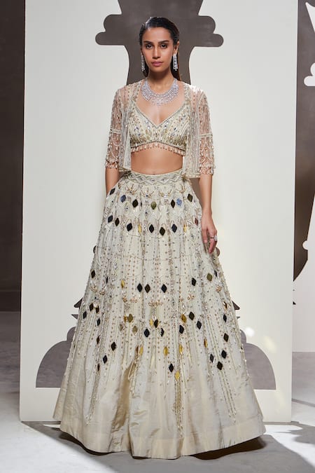 Buy_Divya Aggarwal_Ivory Tissue Mirrors, Beads Anora Embellished Lehenga Set With Jacket _Online_at_Aza_Fashions