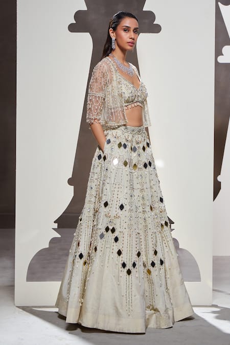 Shop_Divya Aggarwal_Ivory Tissue Mirrors, Beads Anora Embellished Lehenga Set With Jacket _Online_at_Aza_Fashions
