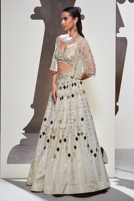 Divya Aggarwal_Ivory Tissue Mirrors, Beads Anora Embellished Lehenga Set With Jacket _at_Aza_Fashions