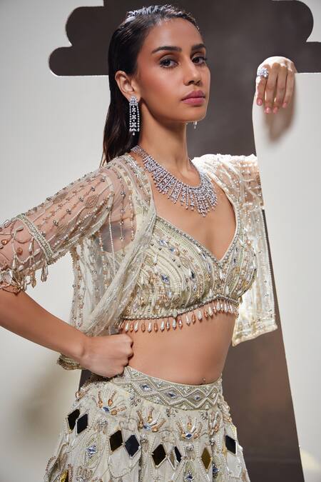 Buy_Divya Aggarwal_Ivory Tissue Mirrors, Beads Anora Embellished Lehenga Set With Jacket 