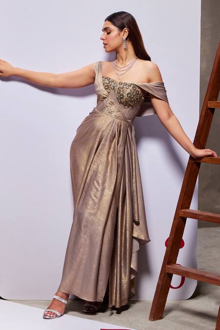 Divya Aggarwal Beige Royal Georgette Foil Embellished Floral One Shoulder Martha Draped Gown Online at Aza Fashions Divya Aggarwal_Beige Royal Georgette Foil Embellished Floral One Shoulder Martha Draped Gown _Online_at_Aza_Fashions