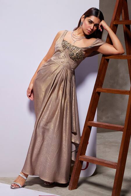 Buy Divya Aggarwal Beige Royal Georgette Foil Embellished Floral One Shoulder Martha Draped Gown Online at Aza Fashions Buy_Divya Aggarwal_Beige Royal Georgette Foil Embellished Floral One Shoulder Martha Draped Gown _Online_at_Aza_Fashions