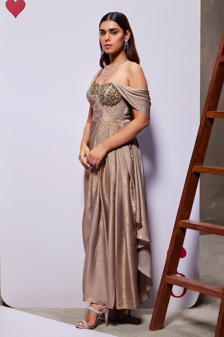 Shop Divya Aggarwal Beige Royal Georgette Foil Embellished Floral One Shoulder Martha Draped Gown Online at Aza Fashions Shop_Divya Aggarwal_Beige Royal Georgette Foil Embellished Floral One Shoulder Martha Draped Gown _Online_at_Aza_Fashions