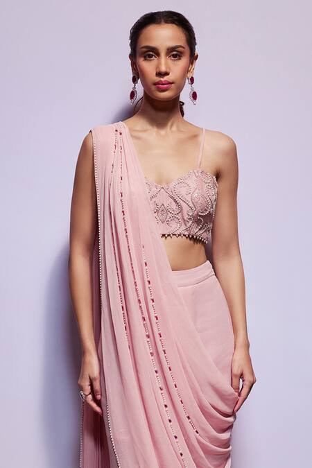 Divya Aggarwal_Pink Organza, Georgette Bridget Pre-draped Saree With Embellished Blouse _Online_at_Aza_Fashions