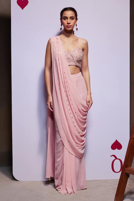 Buy_Divya Aggarwal_Pink Organza, Georgette Bridget Pre-draped Saree With Embellished Blouse _Online_at_Aza_Fashions