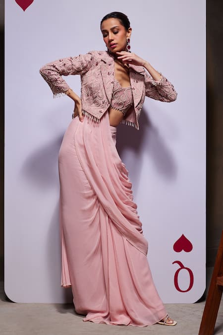 Buy_Divya Aggarwal_Pink Georgette, Organza Bridget Pre-draped Saree Set With Embellished Jacket _Online_at_Aza_Fashions