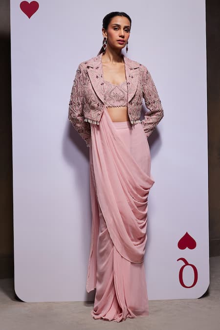 Divya Aggarwal_Pink Georgette, Organza Bridget Pre-draped Saree Set With Embellished Jacket _at_Aza_Fashions