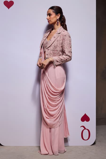 Buy_Divya Aggarwal_Pink Georgette, Organza Bridget Pre-draped Saree Set With Embellished Jacket 