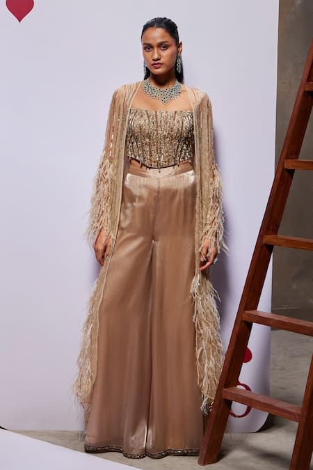 Divya Aggarwal Grace Feather Embellished Cape & Pant Set 