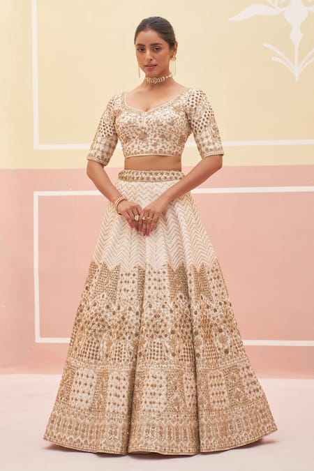 Angad Singh Ivory Silk, Crepe Diamonds, Embroidery, Zari Zardozi And Dabka Bridal Lehenga Set at Aza Fashions Angad Singh_Ivory Silk, Crepe Diamonds, Embroidery, Zari Zardozi And Dabka Bridal Lehenga Set _at_Aza_Fashions