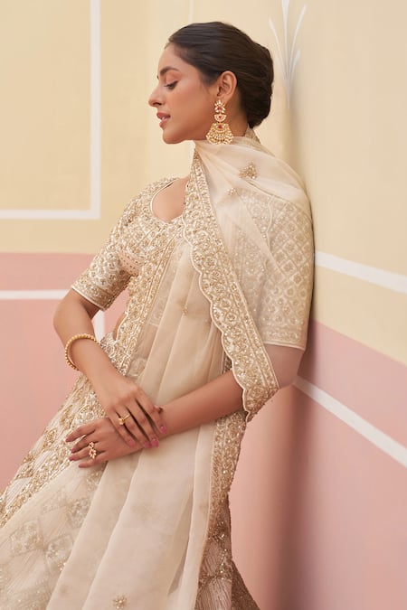 Shop Angad Singh Ivory Silk, Crepe, Chiffon Zari, Sequins, Embroidered Bridal Lehenga Set Online at Aza Fashions Shop_Angad Singh_Ivory Silk, Crepe, Chiffon Zari, Sequins, Embroidered Bridal Lehenga Set _Online_at_Aza_Fashions