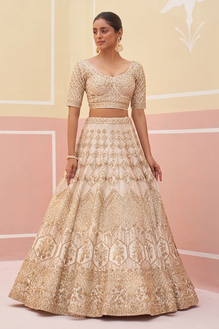 Angad Singh Ivory Silk, Crepe, Chiffon Zari, Sequins, Embroidered Bridal Lehenga Set at Aza Fashions Angad Singh_Ivory Silk, Crepe, Chiffon Zari, Sequins, Embroidered Bridal Lehenga Set _at_Aza_Fashions