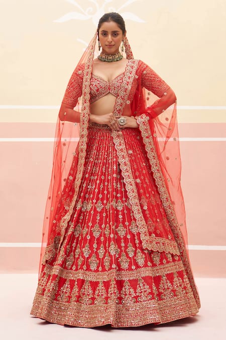 Angad Singh Red Raw Silk Embroidered Zardozi Broad V Floral Bridal Lehenga Set 