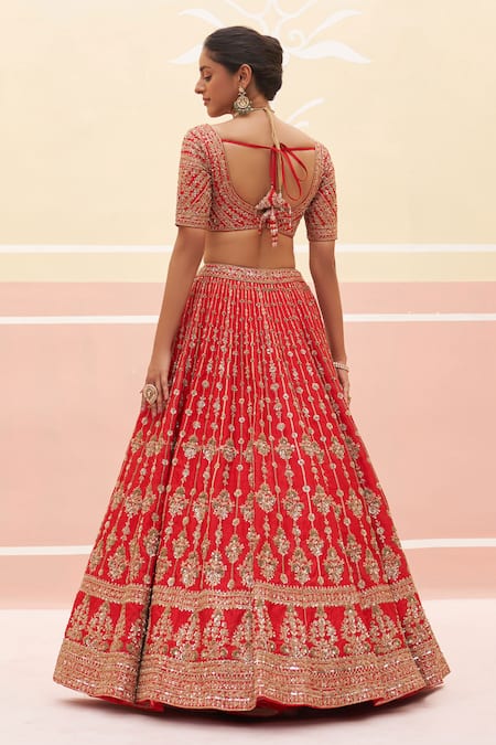 Shop Angad Singh Red Silk, Crepe, Net Cut Work, Embroidery, Floral Zardozi Bridal Lehenga Set at Aza Fashions Shop_Angad Singh_Red Silk, Crepe, Net Cut Work, Embroidery, Floral Zardozi Bridal Lehenga Set _at_Aza_Fashions