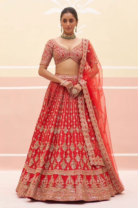 Angad Singh Red Silk, Crepe, Net Cut Work, Embroidery, Floral Zardozi Bridal Lehenga Set Online at Aza Fashions Angad Singh_Red Silk, Crepe, Net Cut Work, Embroidery, Floral Zardozi Bridal Lehenga Set _Online_at_Aza_Fashions