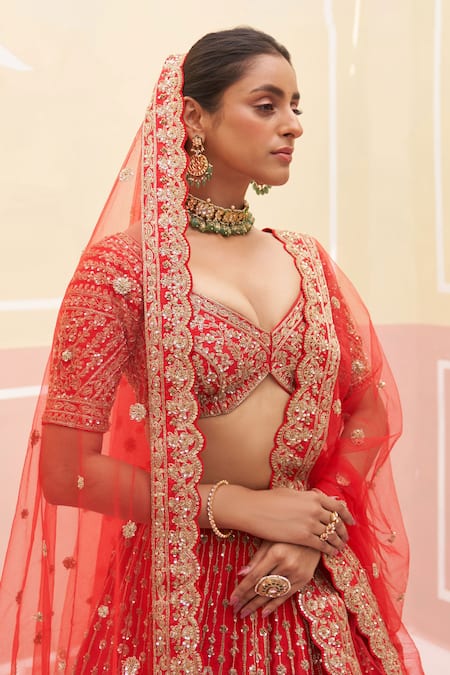 Shop Angad Singh Red Silk, Crepe, Net Cut Work, Embroidery, Floral Zardozi Bridal Lehenga Set Online at Aza Fashions Shop_Angad Singh_Red Silk, Crepe, Net Cut Work, Embroidery, Floral Zardozi Bridal Lehenga Set _Online_at_Aza_Fashions