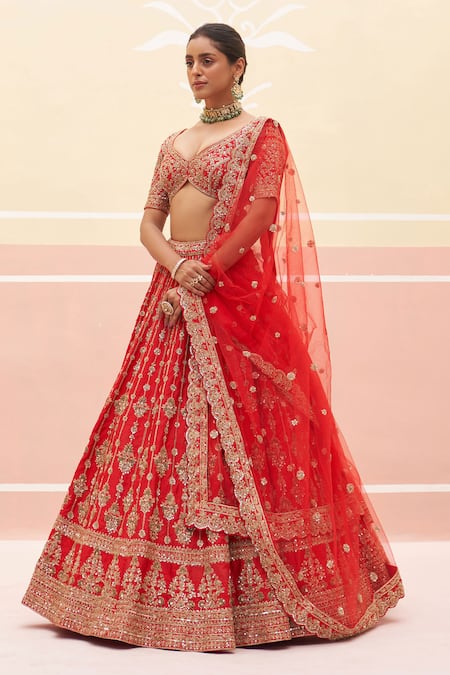 Angad Singh Red Silk, Crepe, Net Cut Work, Embroidery, Floral Zardozi Bridal Lehenga Set at Aza Fashions Angad Singh_Red Silk, Crepe, Net Cut Work, Embroidery, Floral Zardozi Bridal Lehenga Set _at_Aza_Fashions
