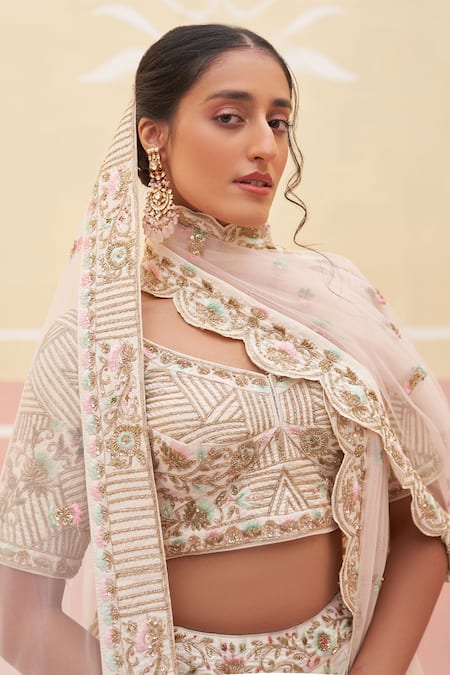 Angad Singh Ivory Silk, Chiffon Embroidery, Sequins, Zari Thread Zardozi Bridal Lehenga Set Online at Aza Fashions Angad Singh_Ivory Silk, Chiffon Embroidery, Sequins, Zari Thread Zardozi Bridal Lehenga Set _Online_at_Aza_Fashions