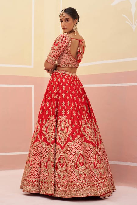 Shop Angad Singh Red Silk, Crepe, Net Zari, Sequins, Zardozi And Embroidered Bridal Lehenga Set at Aza Fashions Shop_Angad Singh_Red Silk, Crepe, Net Zari, Sequins, Zardozi And Embroidered Bridal Lehenga Set _at_Aza_Fashions