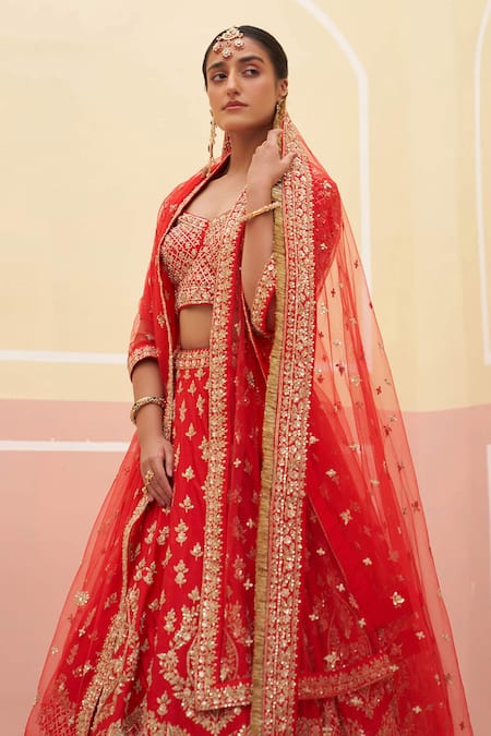 Angad Singh Red Silk, Crepe, Net Zari, Sequins, Zardozi And Embroidered Bridal Lehenga Set Online at Aza Fashions Angad Singh_Red Silk, Crepe, Net Zari, Sequins, Zardozi And Embroidered Bridal Lehenga Set _Online_at_Aza_Fashions