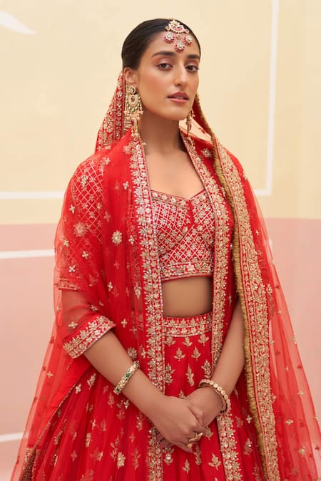 Shop Angad Singh Red Silk, Crepe, Net Zari, Sequins, Zardozi And Embroidered Bridal Lehenga Set Online at Aza Fashions Shop_Angad Singh_Red Silk, Crepe, Net Zari, Sequins, Zardozi And Embroidered Bridal Lehenga Set _Online_at_Aza_Fashions