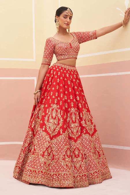 Angad Singh Red Silk, Crepe, Net Zari, Sequins, Zardozi And Embroidered Bridal Lehenga Set at Aza Fashions Angad Singh_Red Silk, Crepe, Net Zari, Sequins, Zardozi And Embroidered Bridal Lehenga Set _at_Aza_Fashions