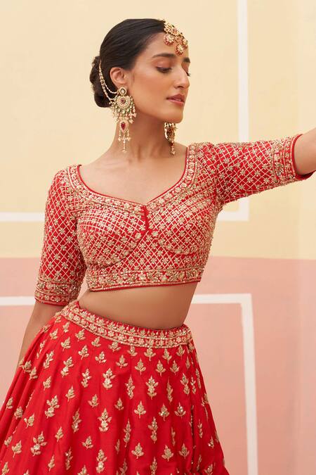 Buy Angad Singh Red Silk, Crepe, Net Zari, Sequins, Zardozi And Embroidered Bridal Lehenga Set Buy_Angad Singh_Red Silk, Crepe, Net Zari, Sequins, Zardozi And Embroidered Bridal Lehenga Set