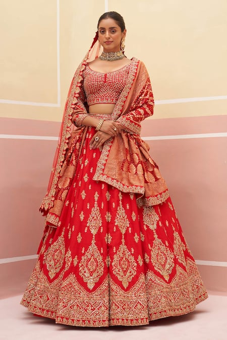 Angad Singh Red Raw Silk Embroidered And Woven Zardozi Vintage Bridal Lehenga Set 