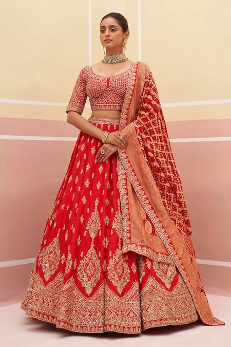 Angad Singh Red Silk, Crepe Sequins, Embroidery, Zari Vintage Zardozi Bridal Lehenga Set Online at Aza Fashions Angad Singh_Red Silk, Crepe Sequins, Embroidery, Zari Vintage Zardozi Bridal Lehenga Set _Online_at_Aza_Fashions
