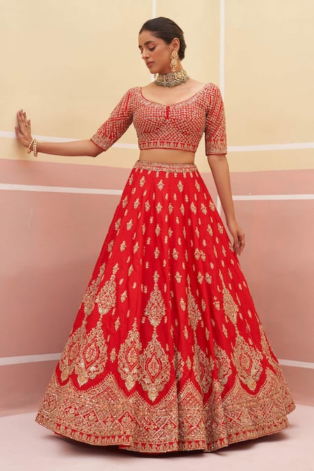 Angad Singh Red Silk, Crepe Sequins, Embroidery, Zari Vintage Zardozi Bridal Lehenga Set at Aza Fashions Angad Singh_Red Silk, Crepe Sequins, Embroidery, Zari Vintage Zardozi Bridal Lehenga Set _at_Aza_Fashions