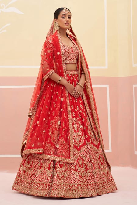 Buy Angad Singh Red Silk, Crepe Sequins, Embroidery, Zari Vintage Zardozi Bridal Lehenga Set Buy_Angad Singh_Red Silk, Crepe Sequins, Embroidery, Zari Vintage Zardozi Bridal Lehenga Set