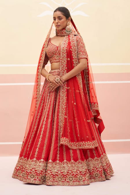 Angad Singh Red Raw Silk Embroidered Zardozi Leaf Striped Bridal Lehenga Set 
