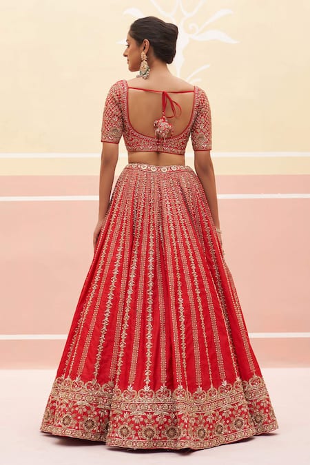 Shop_Angad Singh_Red Silk, Crepe Sequins, Embroidery Striped Zardozi Bridal Lehenga Set _at_Aza_Fashions
